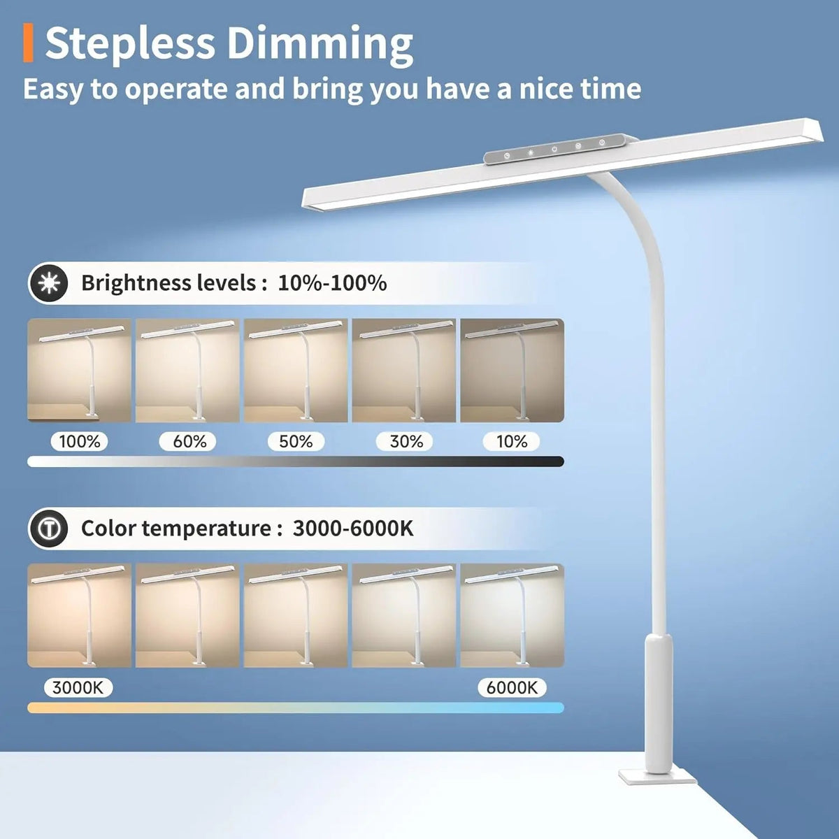 Lumavue LED Desk Lamp with Clamp | Extra Wide Illumination | Stepless Dimmable & Adjustable Color Temperature | For Home Office & Screen Workstation