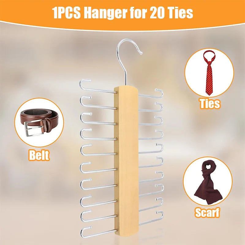 OrganizePro Holzico | Tie & Belt Holder | 20 Rotatable Hooks | For the Style-Conscious