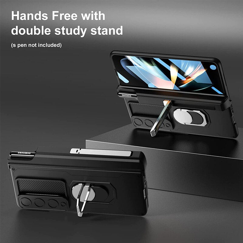 Luxury Case with S Pen Holder and Hinge Screen Protection Ring Stand Case for Samsung Galaxy Z Fold 5 Z Fold 4