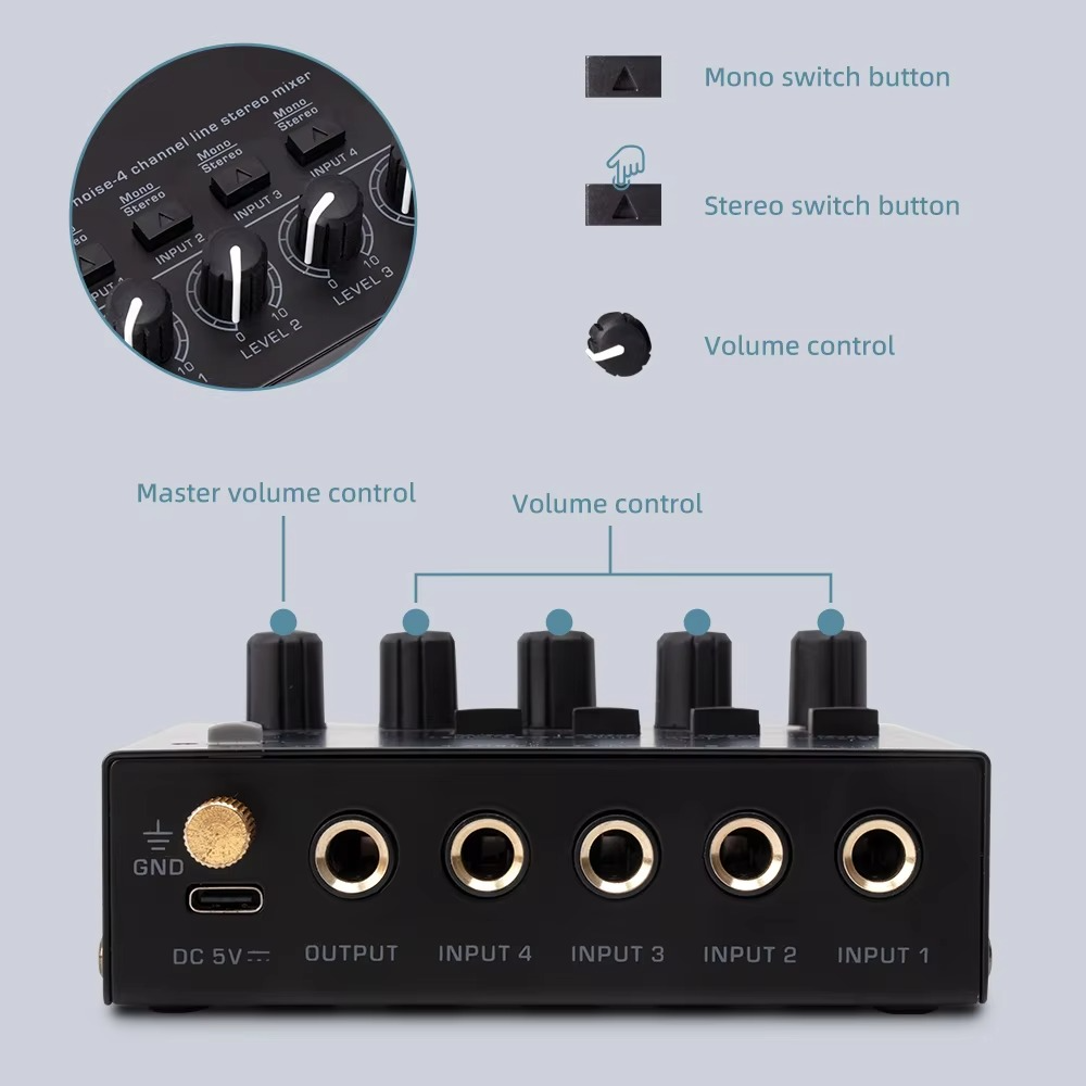 Ultra-Compact 4-Channel Low Noise Audio Mixer with Stereo RCA Output