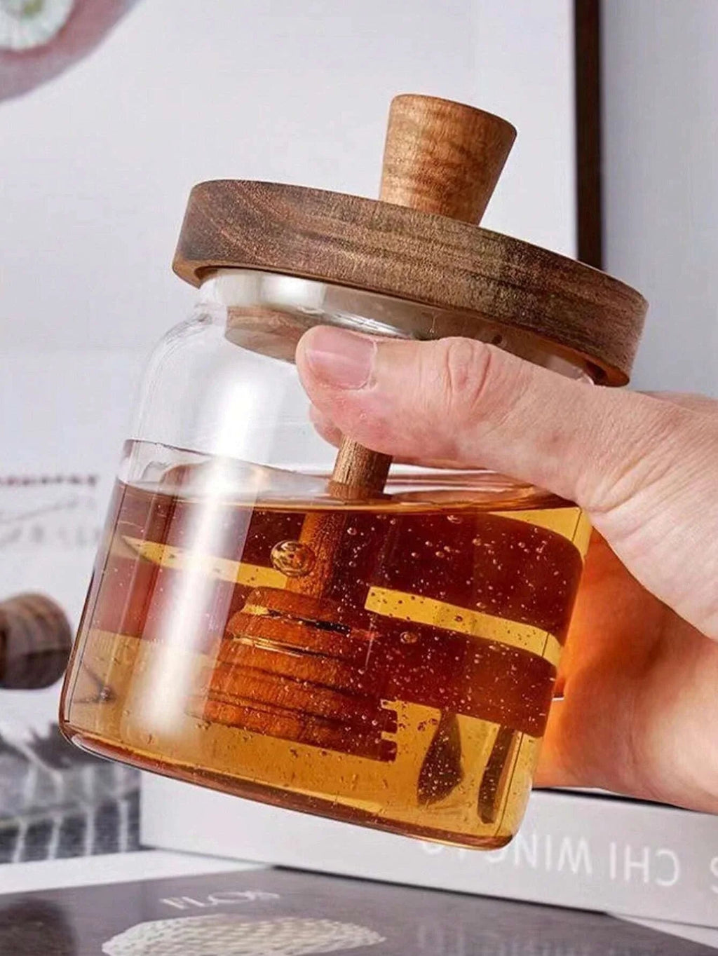 MeliVita Honey jar with wooden lid & stirring stick | Airtight glass storage container | Transparent honey vessel for kitchen & breakfast table