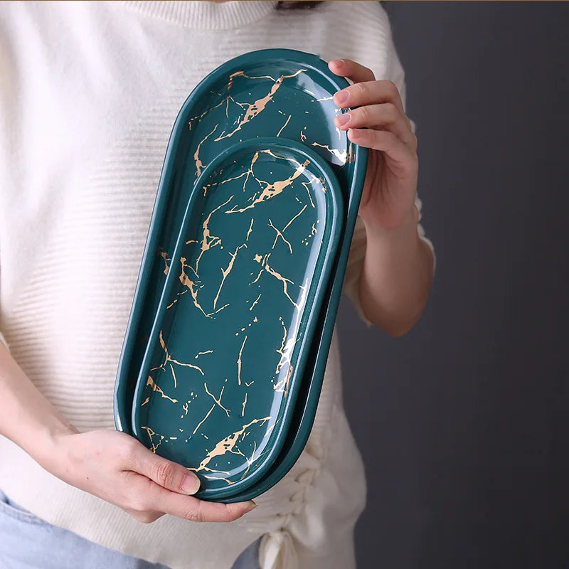 Nordic Ins Ceramic Marble Oval Tray Jewelry Storage Tray Accessories Soap Holder Golden Wave Bathroom Cup Bath Decoration