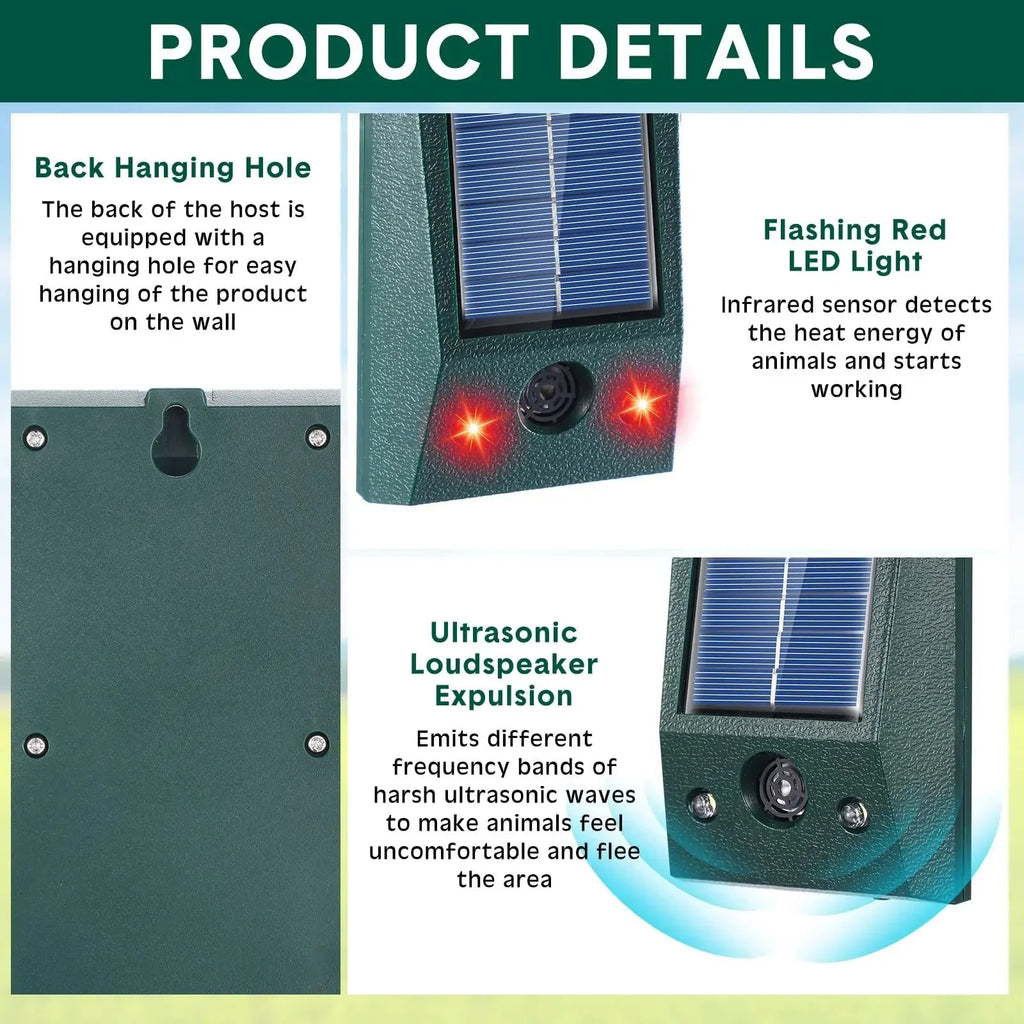 SolarGuardix Ultrasonic Bird Repeller Solar | With LED & Motion Sensor | Waterproof IP58 | 600 m² Coverage