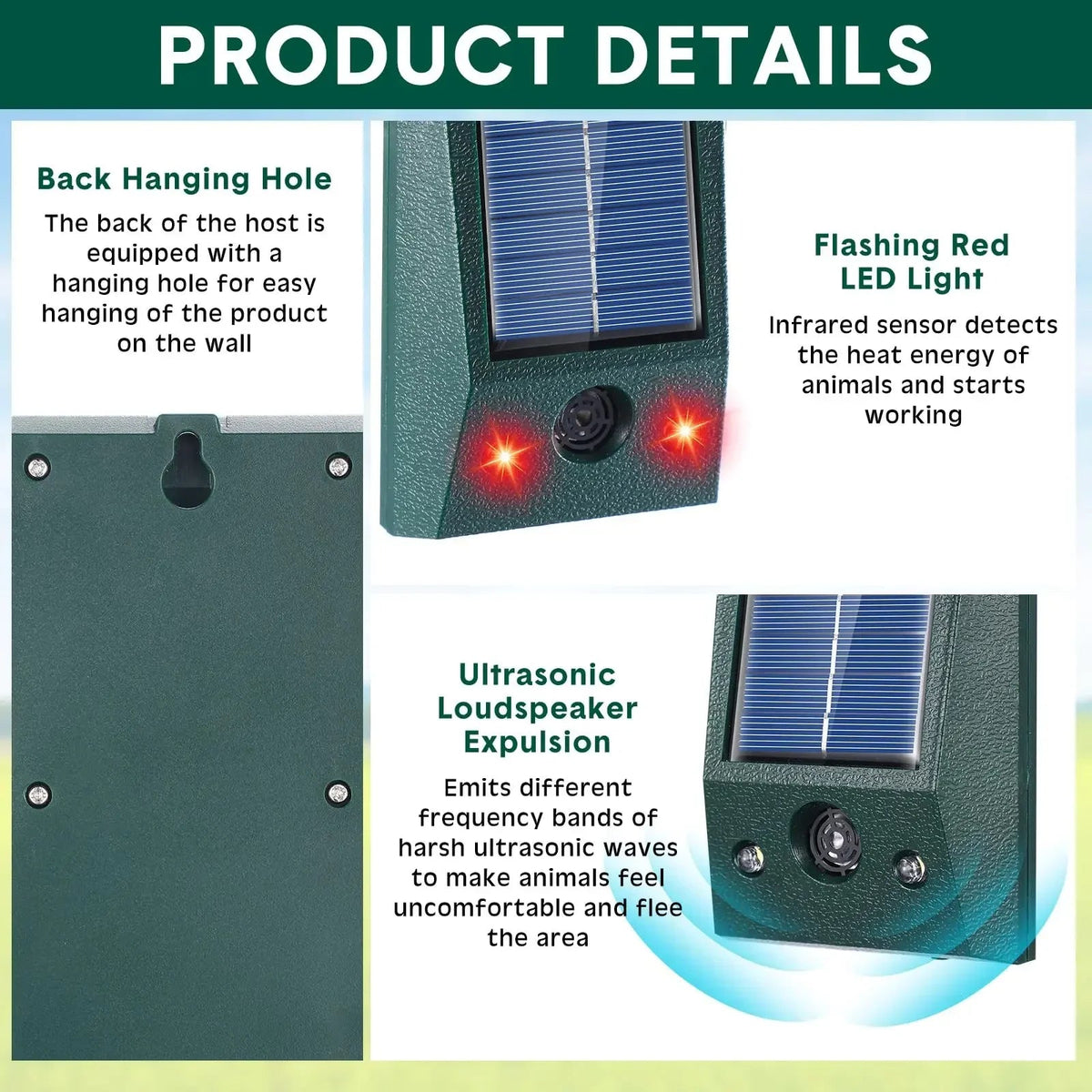 SolarGuardix Ultrasonic Bird Repeller Solar | With LED & Motion Sensor | Waterproof IP58 | 600 m² Coverage