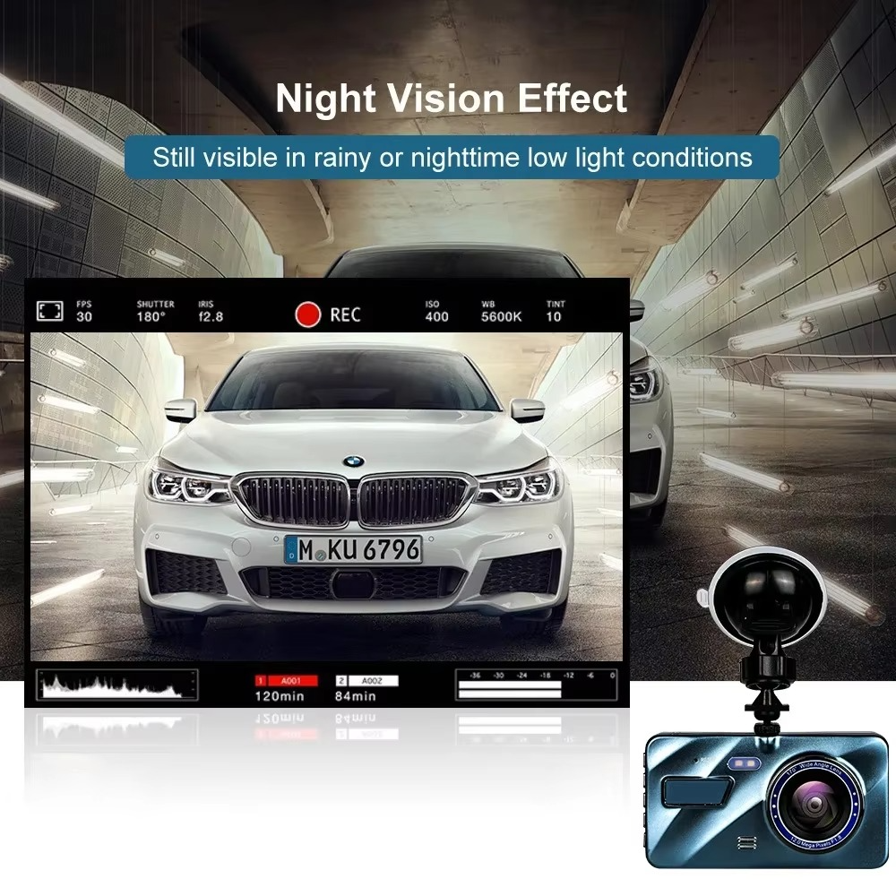4" Dual Lens Dash Cam with Full HD 1080P, Night Vision, Front and Rear View, Loop Recording, Aluminum Alloy Black Box