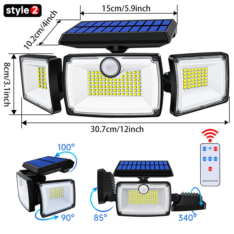 SecuSolar MaxView 167 Solar Security Spotlight 167 LEDs | 3 Adjustable Heads | Motion Sensor & 3 Light Modes | IP65 Waterproof | 2200 Lumens