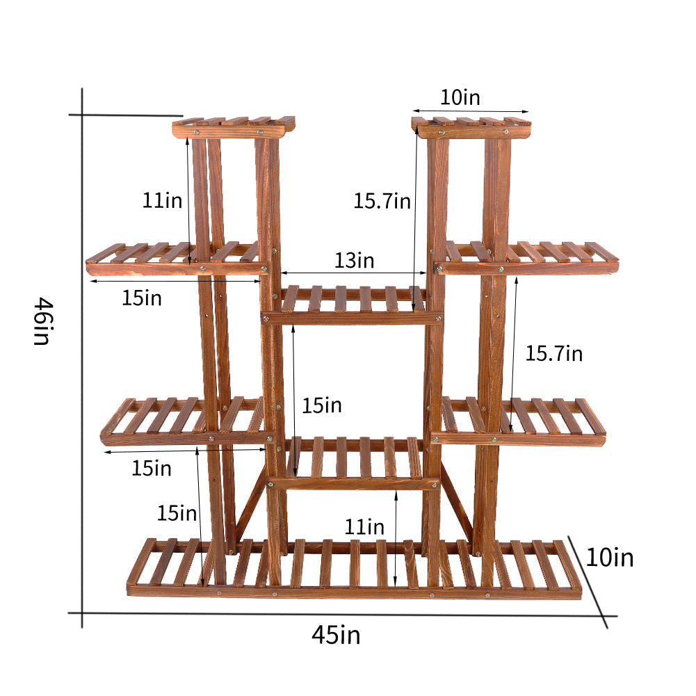 Large 11-tier Wooden Plant Shelf | Carbonized, Wide Flower Stand for Indoor & Outdoor