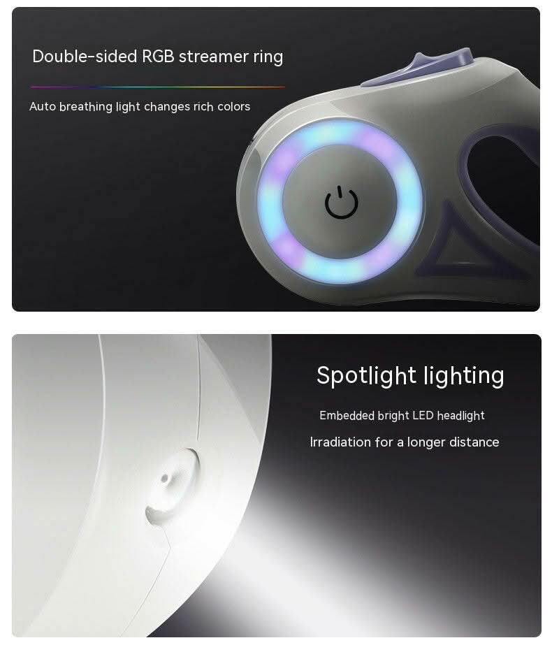 Automatic dog lead with LED light, USB rechargeable battery & 3m length for safe walks