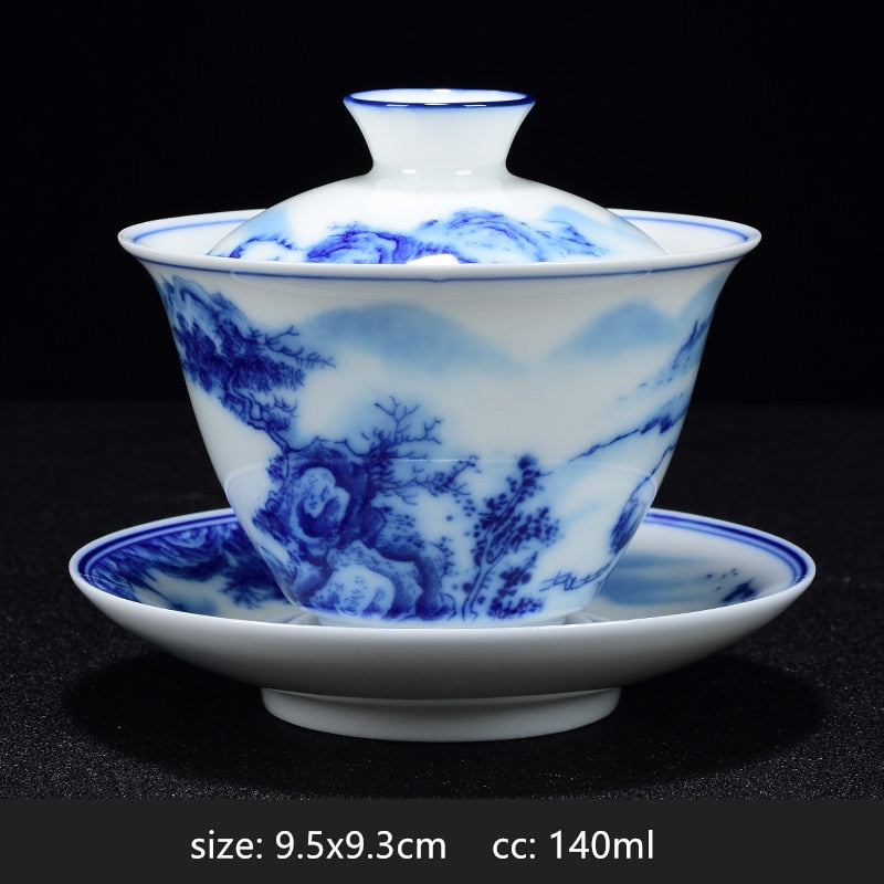 PorceVive Gaiwan Tea Cup | Handcrafted Porcelain with Landscape Pattern | Chinese Tea Set with Lid