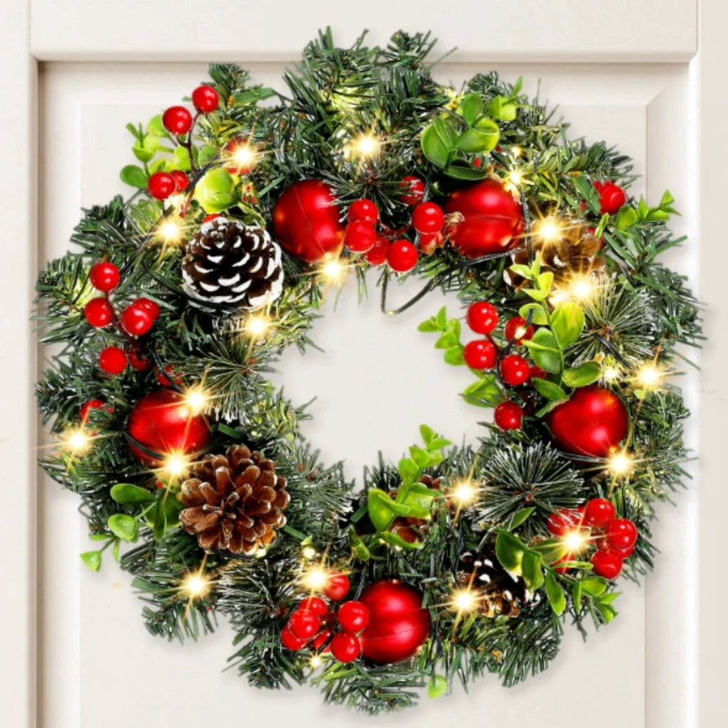 Lunoria Christmas Wreath | LED Lighting | Elegant Red Berries & Ribbon