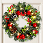 Lunoria Christmas Wreath | LED Lighting | Elegant Red Berries & Ribbon