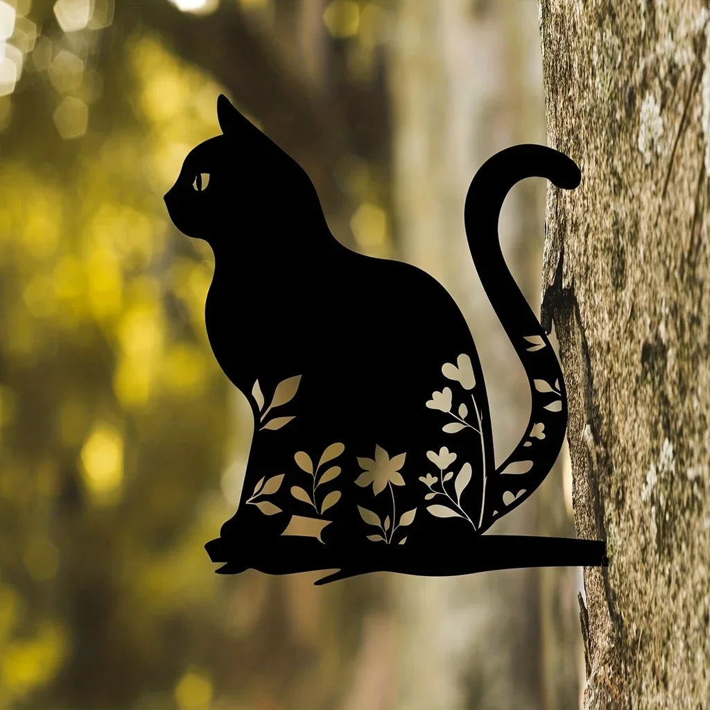 Metal cat silhouette for garden and patio decoration