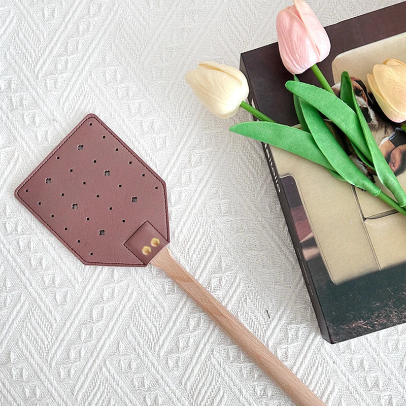 Insektra Leather Fly Swatter with Wood Handle | 13×10 cm Striking Surface | Stainless Steel Rivets | Hanging Device