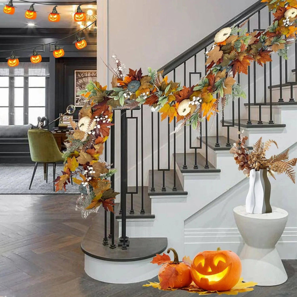 AutumnPumpkin Autumn Wreath with Maple Leaves and Pumpkins – Front Door Decoration