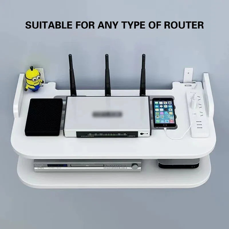 SkyConnect Home | WLAN Router Wall Shelf | Hidden Cable Organizer & Socket Holder | Floating Shelf for TV Box & More | White | 40×12×8 cm