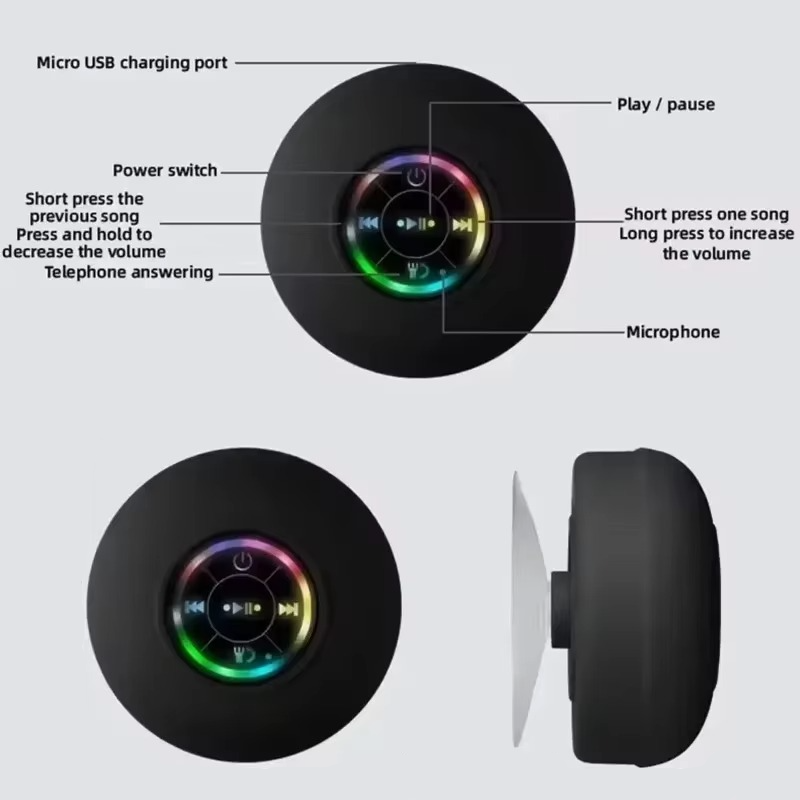 Waterproof Portable Bluetooth Speaker with LED Lights and Suction Cup