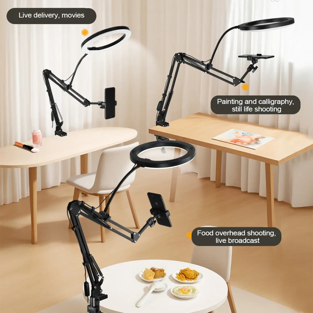 LumiFlex LED ring light with flexible arm & phone holder | 3 light colors & USB connection | Perfect for livestream, video & selfie