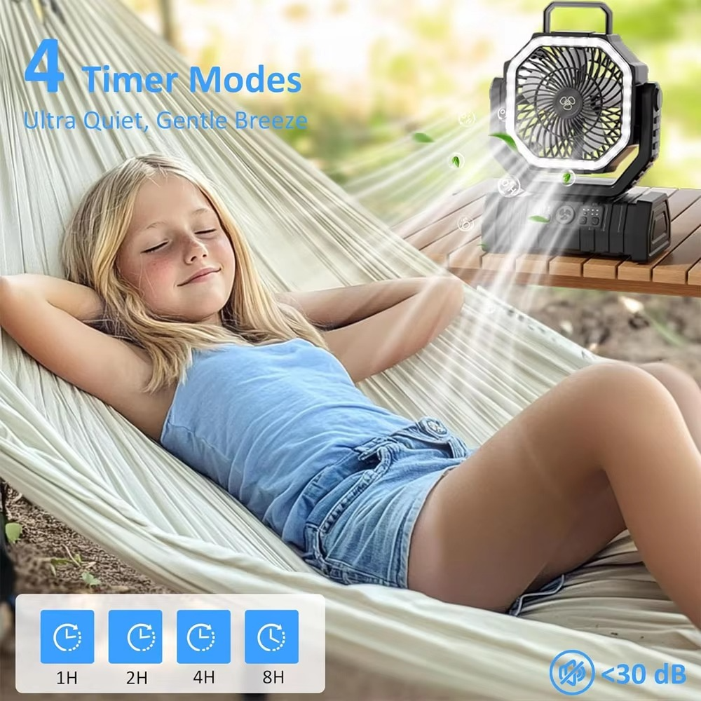 Rechargeable Camping Fan with 20000mAh Battery, 4 Speeds and LED Lantern