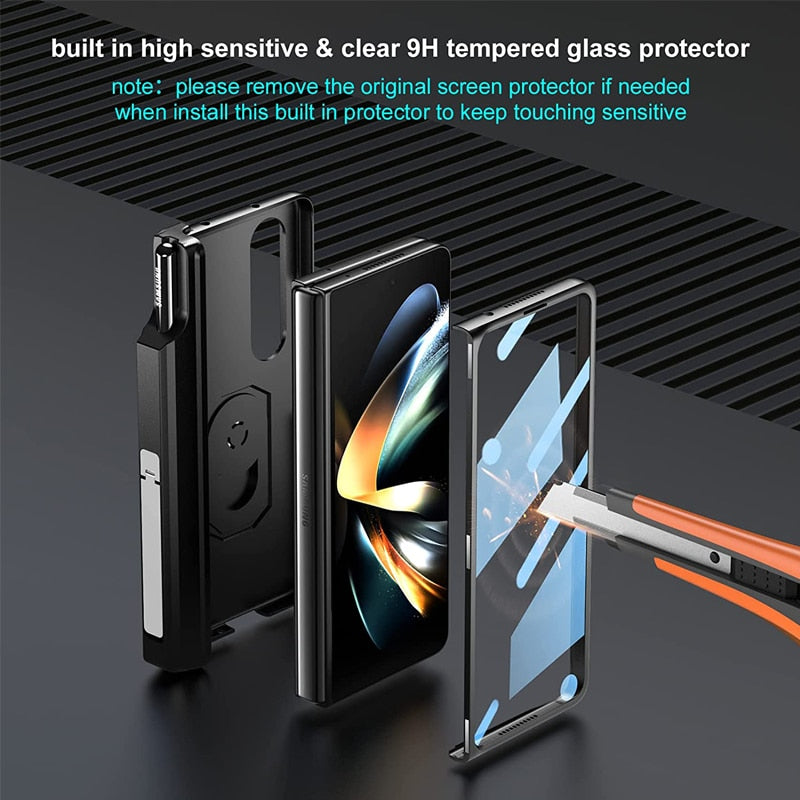 Luxury Case with S Pen Holder and Hinge Screen Protection Ring Stand Case for Samsung Galaxy Z Fold 5 Z Fold 4