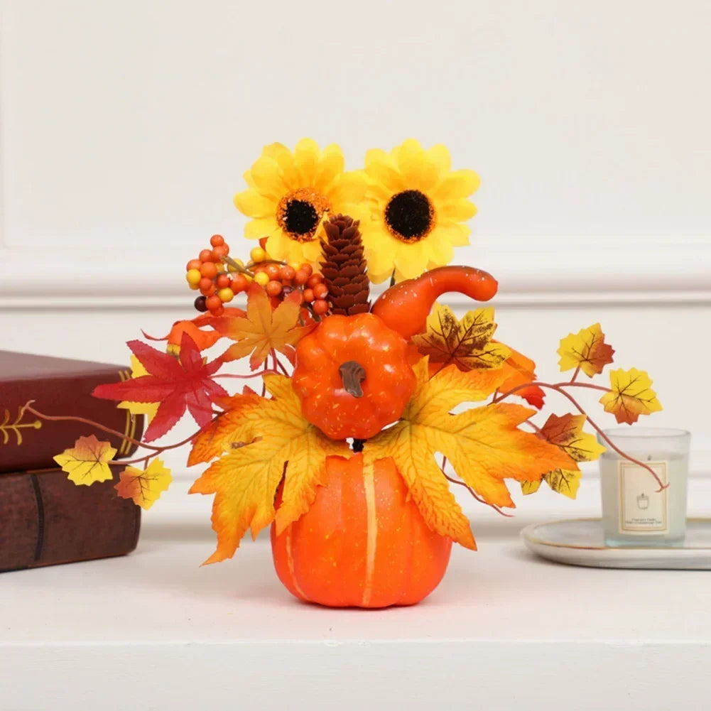 Autumn Magic | Decorative Pumpkin with Artificial Flowers | 25–30 cm | Autumn & Halloween Decor