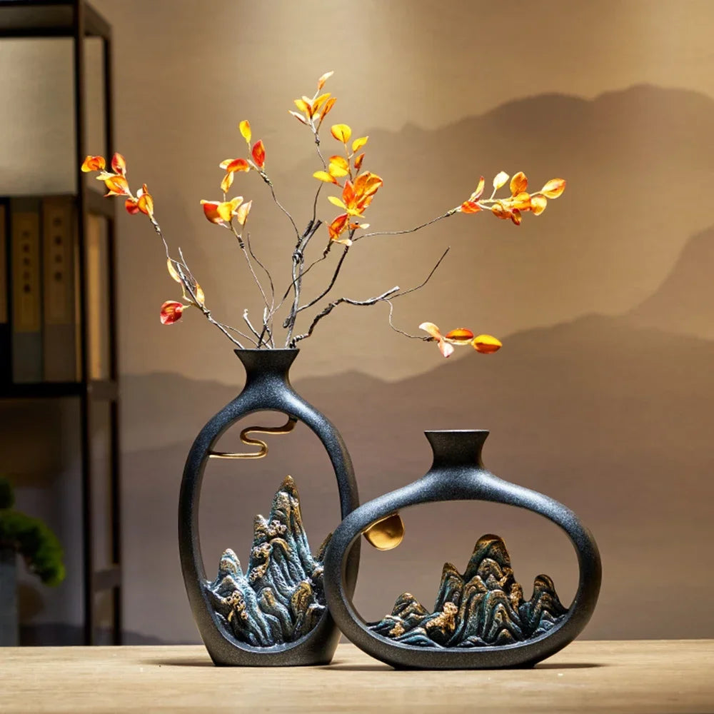 Detailed mountain patterns in an elegant vase