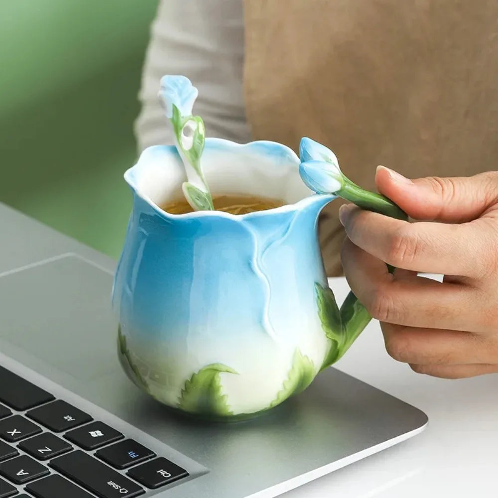 3D Rose Flower Coffee Mug Ceramic Coffee Mugs Cute Aesthetic Water Cups with Spoon Summer Winter Drinking Utensils Valentine's Day Gifts