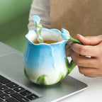 3D Rose Flower Coffee Mug Ceramic Coffee Mugs Cute Aesthetic Water Cups with Spoon Summer Winter Drinking Utensils Valentine's Day Gifts