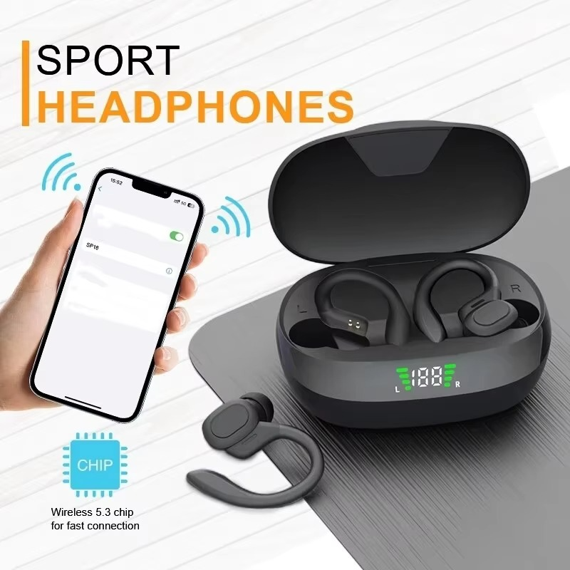 SP16 True Wireless Earbuds with Ear Hooks, Waterproof Sports Headphones with Mic and HiFi Stereo Sound