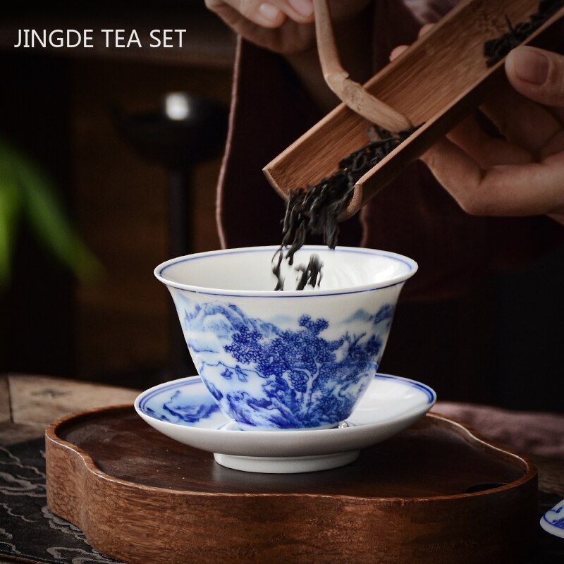 PorceVive Gaiwan Tea Cup | Handcrafted Porcelain with Landscape Pattern | Chinese Tea Set with Lid