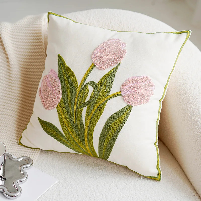 Green & Pink Tulip Embroidered Pillow Cover