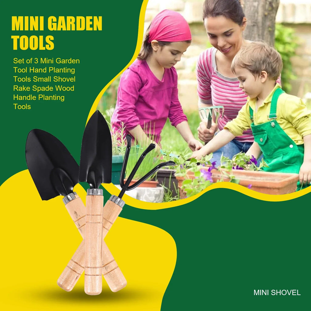 Planturio Mini Garden Tool Set 3-piece | Spade, Shovel & Rake | Wooden Handle & Metal Head | For Bonsai & Houseplants