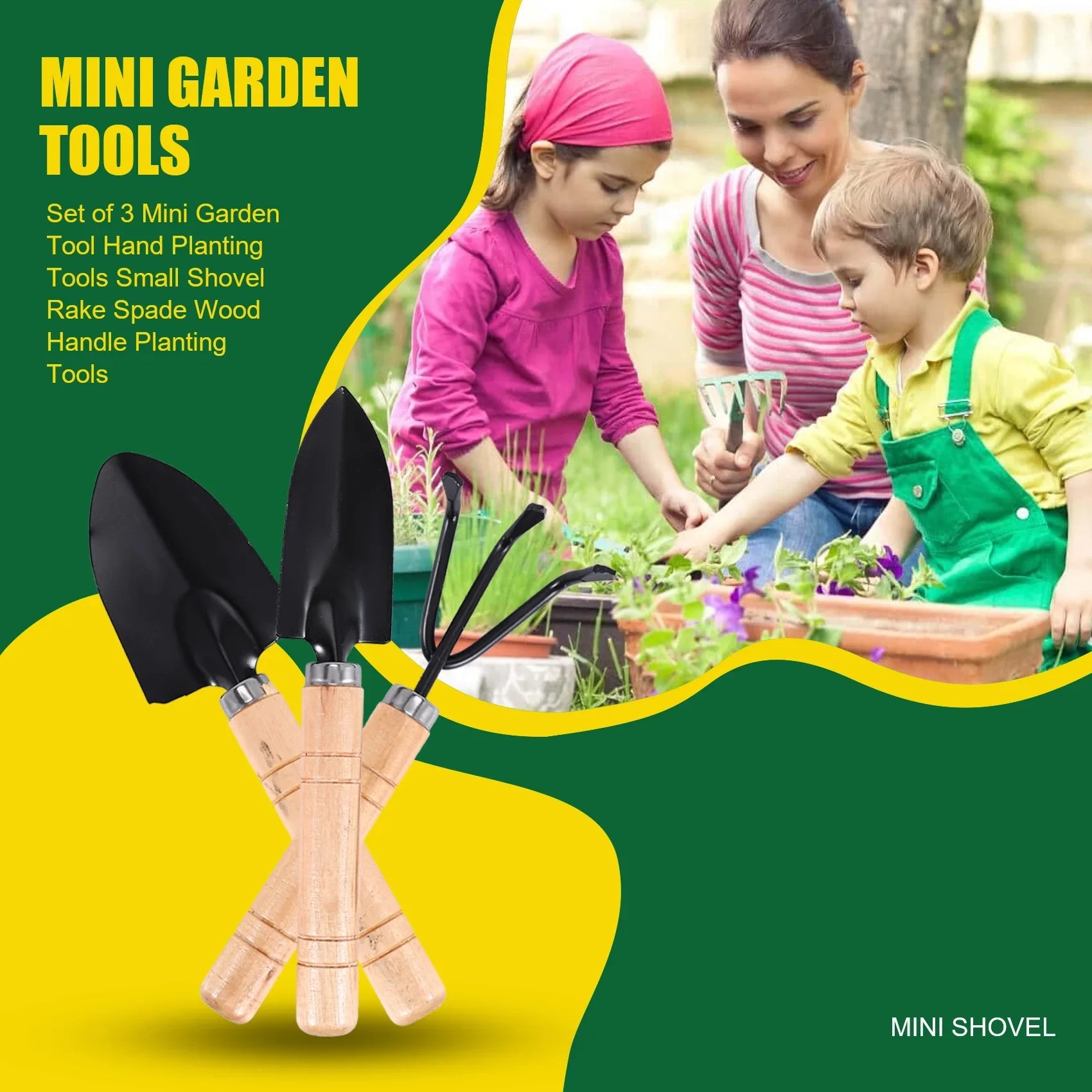 Planturio Mini Garden Tool Set 3-piece | Spade, Shovel & Rake | Wooden Handle & Metal Head | For Bonsai & Houseplants