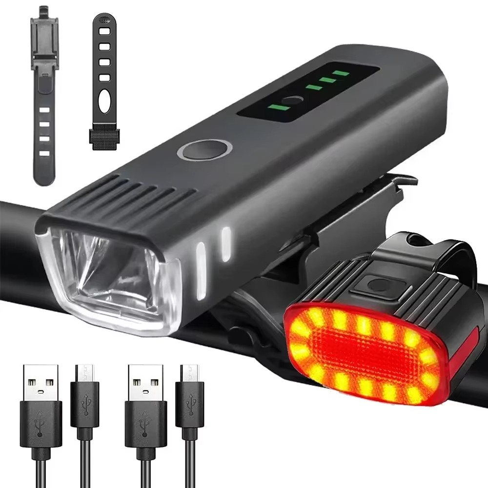 USB Rechargeable Bike Front and Rear Light Set with LED Headlamp for Night Cycling