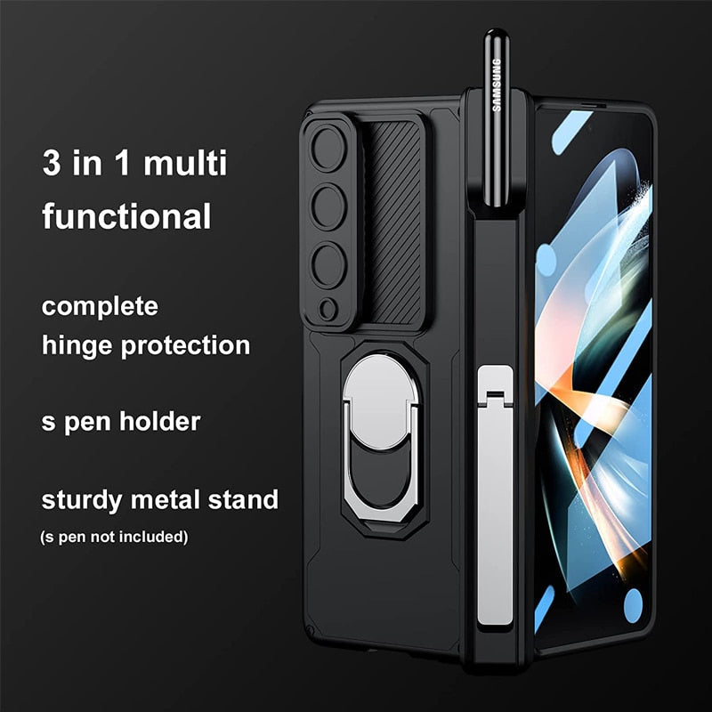 Luxury Case with S Pen Holder and Hinge Screen Protection Ring Stand Case for Samsung Galaxy Z Fold 5 Z Fold 4