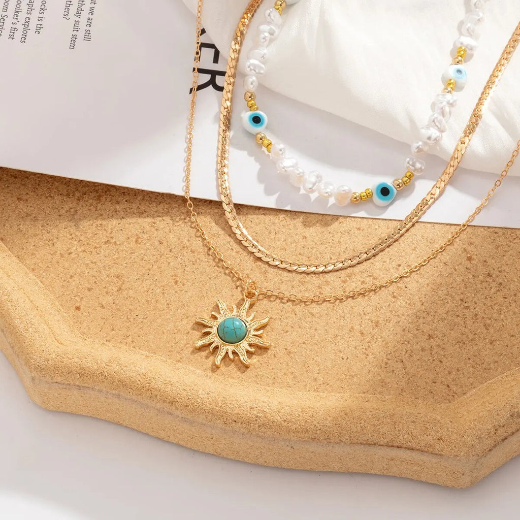 EthnoCharm Necklace Set – Sunflower & Evil Eye Accessories