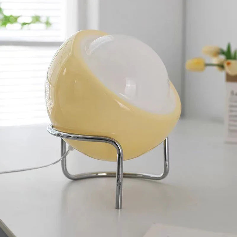 Aurivio Table Lamp | Glass & Stainless Steel | Retro-Nordic Design | LED Night Light Beige/Orange | Ø21×H25 cm