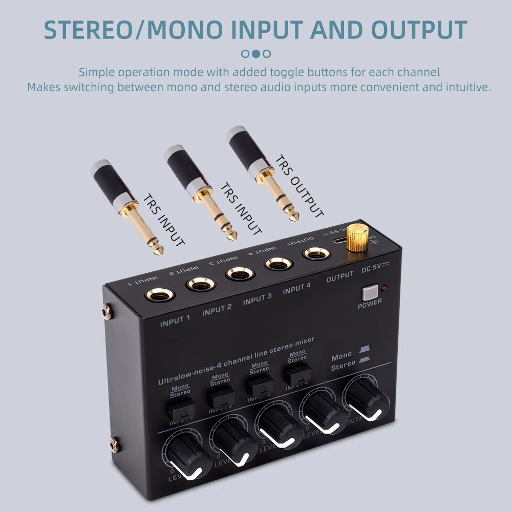 Ultra-Compact 4-Channel Low Noise Audio Mixer with Stereo RCA Output