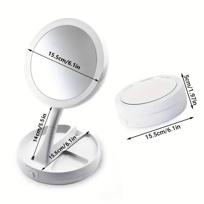 Glamora Travel Mirror LED | Double-Sided & 10x Magnification | Foldable & Portable | With Accessory Compartment