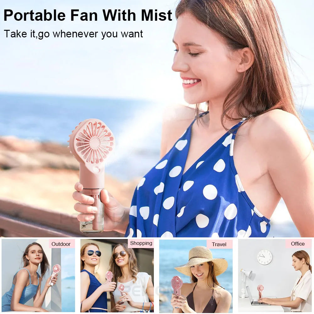 Brisella Air Mini Hand Fan with Air Humidifier | 4-Stage Spray Function | USB Rechargeable | Portable & Quiet