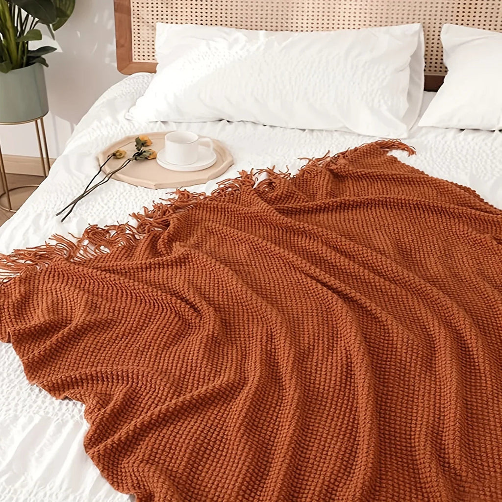 Aurelia Cozy Tassel Knitted Blanket in Morandi Orange | Soft & Warm | 3 Sizes | For Sofa, Bed & Travel