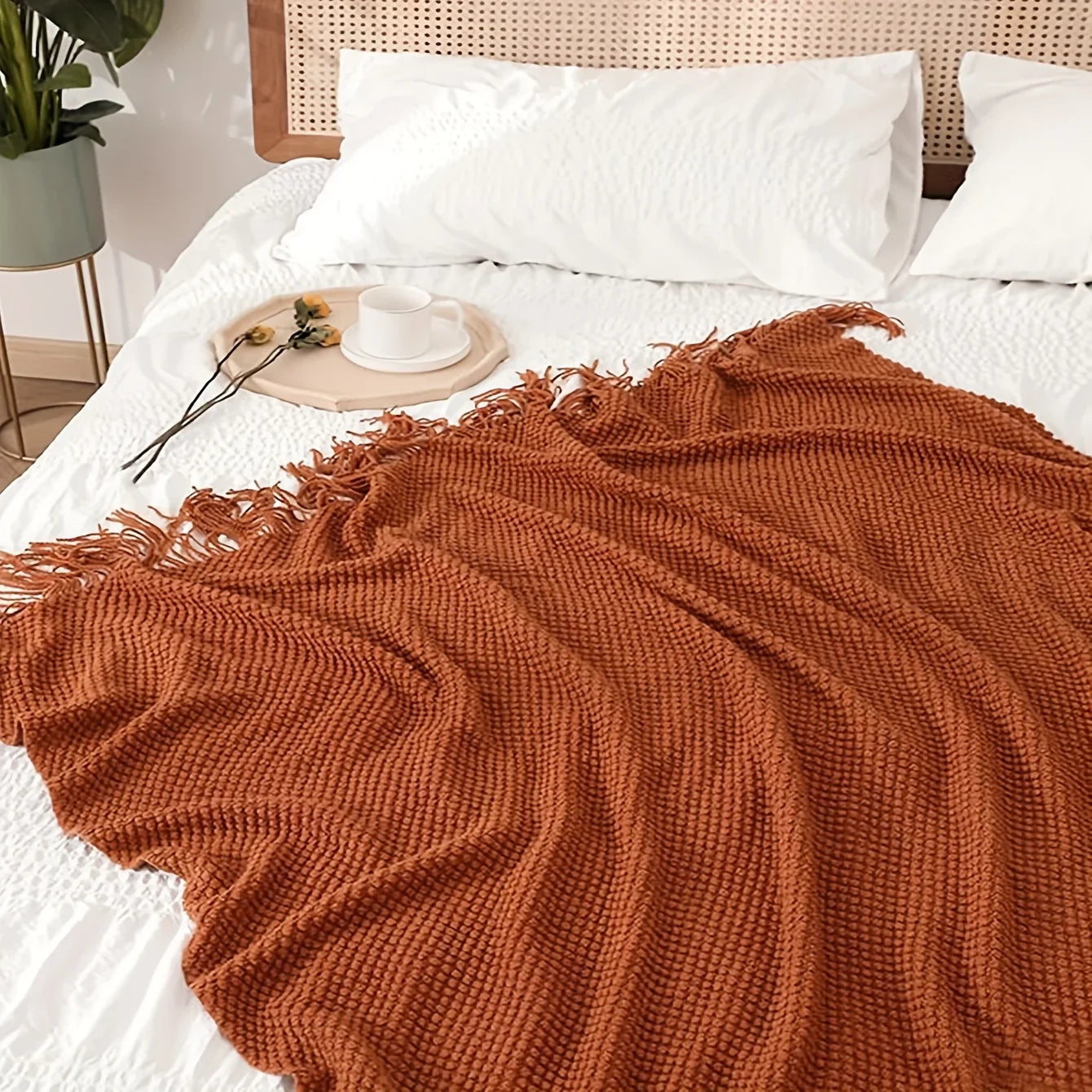 Aurelia Cozy Tassel Knitted Blanket in Morandi Orange | Soft & Warm | 3 Sizes | For Sofa, Bed & Travel