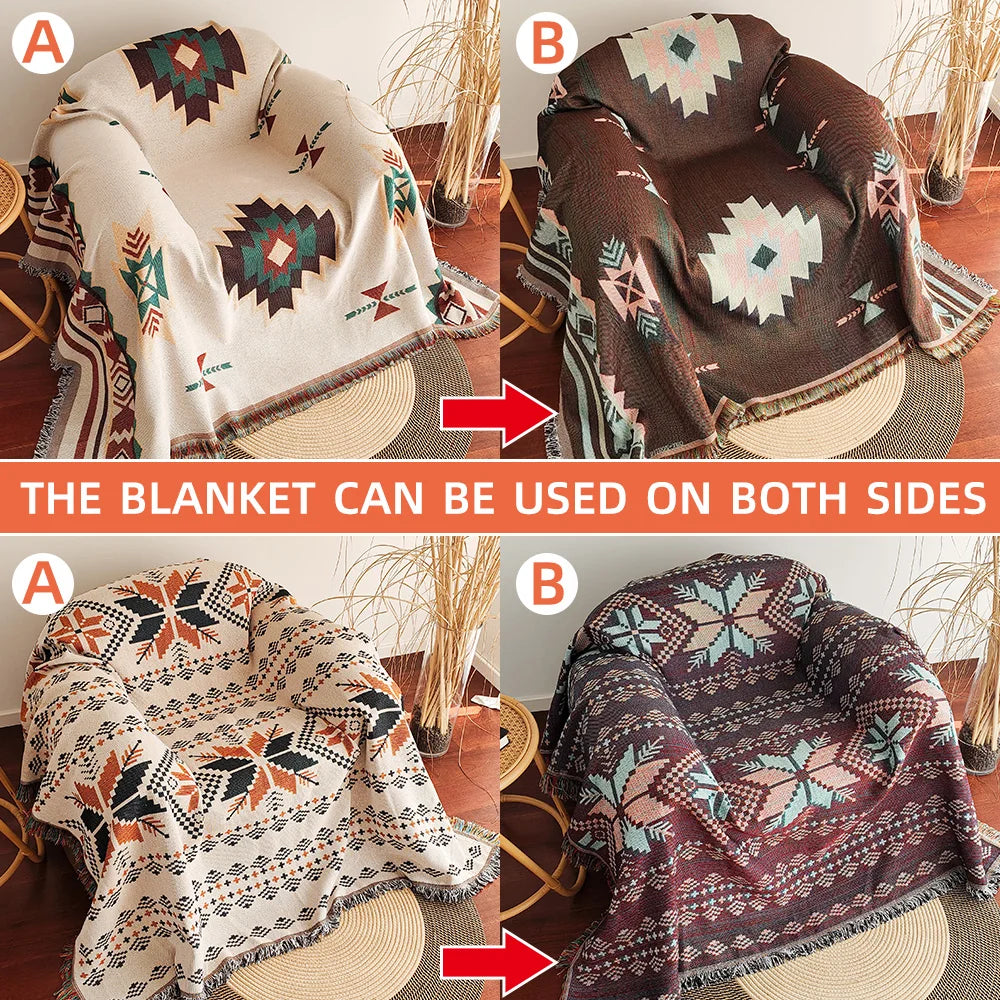 AztecaLoom Boho Blanket | XXL Aztec Throw with Fringes | Southwestern Ethno Style | Vintage Throw Blanket made of Cotton Blend