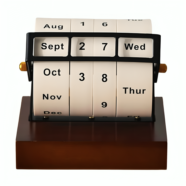 Vintage Wooden Perpetual Flip Calendar – Reusable Rotary Countdown Desk Display