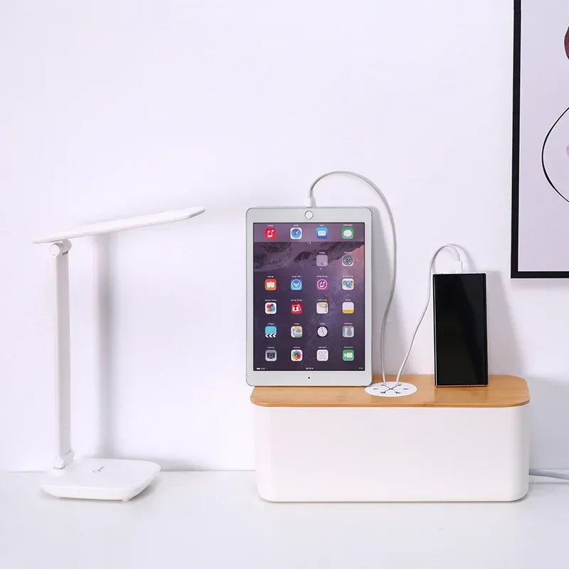 Cable Box OrgaWood | Desk Organizer made of Wood & Plastic | For Chargers, Cables & Accessories | 29.5×11.4×11 cm