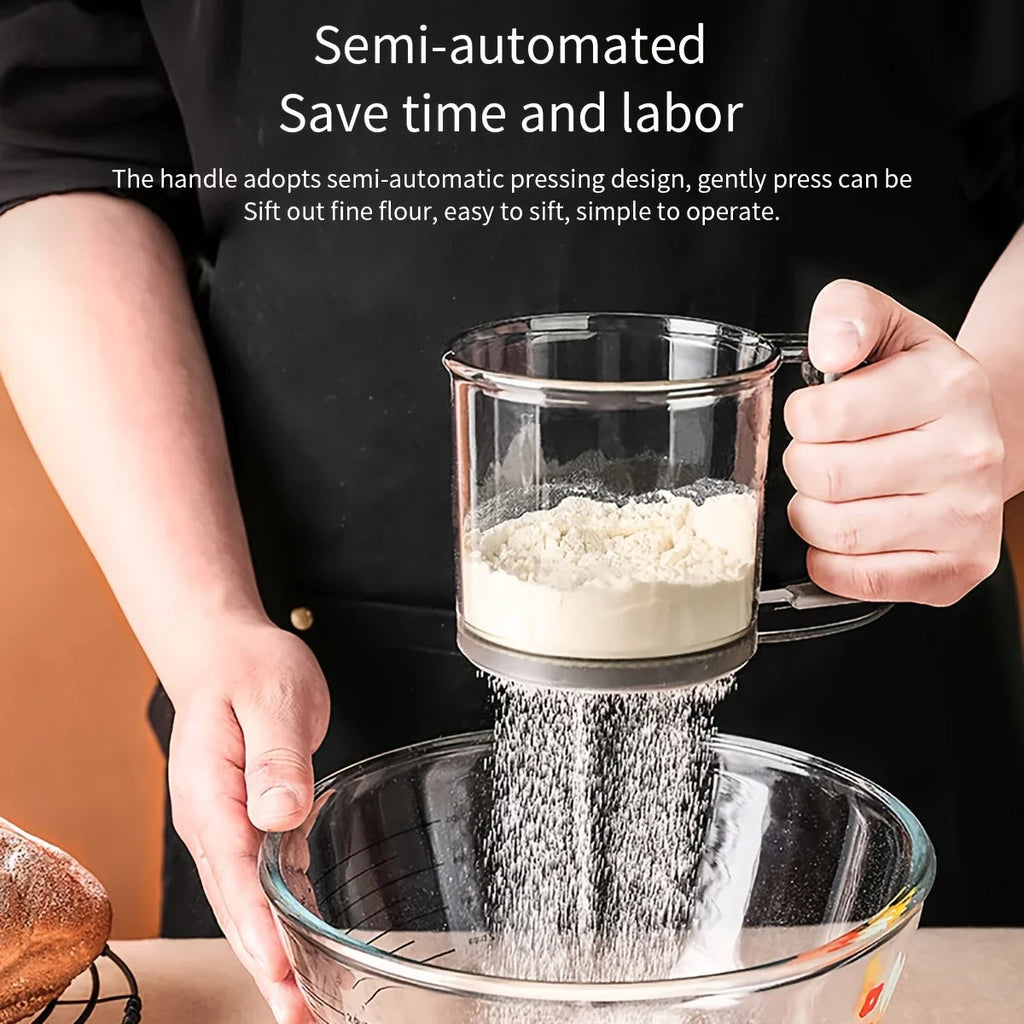 Bakina Flour Sieve semi-automatic | Double sieve with squeeze handle | Fine mesh for baking & powdered sugar | Set of 2