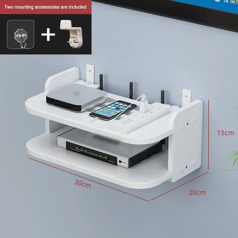 SkyConnect Home | WLAN Router Wall Shelf | Hidden Cable Organizer & Socket Holder | Floating Shelf for TV Box & More | White | 40×12×8 cm
