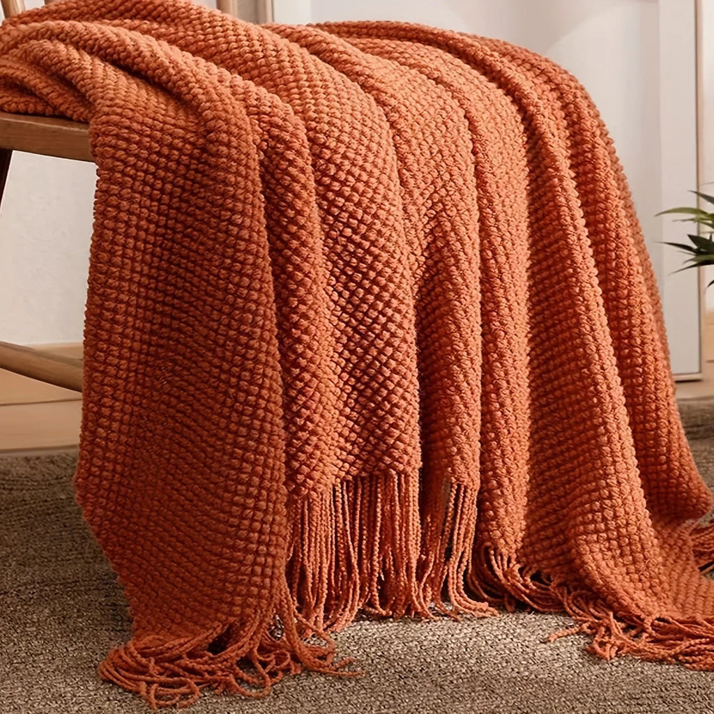 Aurelia Cozy Tassel Knitted Blanket in Morandi Orange | Soft & Warm | 3 Sizes | For Sofa, Bed & Travel