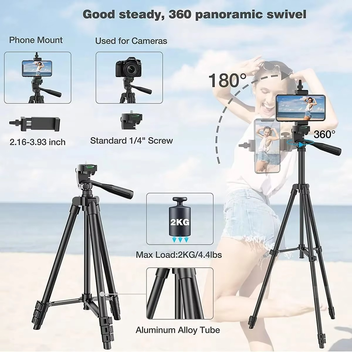 Universal Lightweight Tripod Stand with Bluetooth Remote for Smartphones and DSLRs