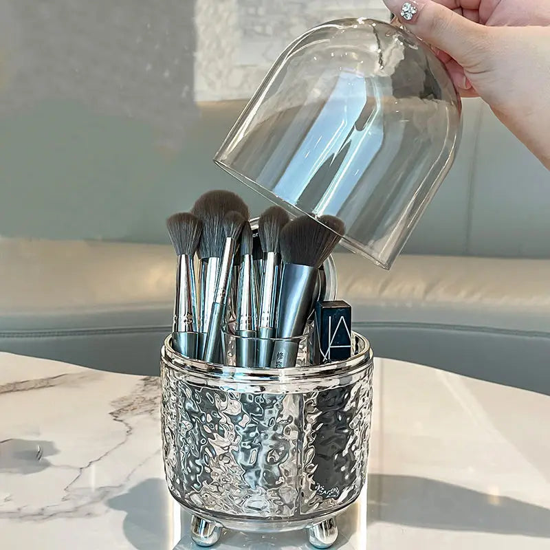 Lumora Make-up Brush Organizer with Lid | Dustproof & Rotatable | For Brushes, Lipsticks & Perfume | 360° Rotating | Silver/Gray