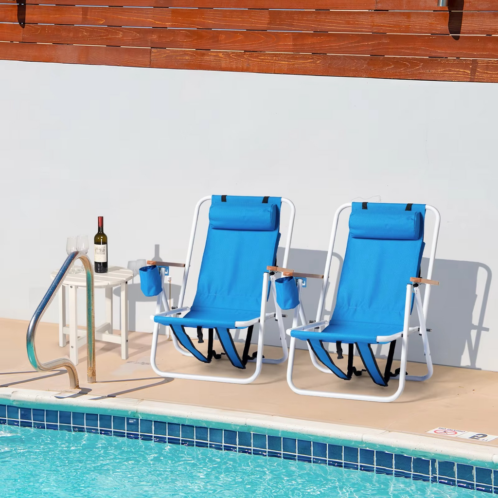 2-Pack Foldable High-Strength Beach Chairs with Adjustable Headrest – Blue